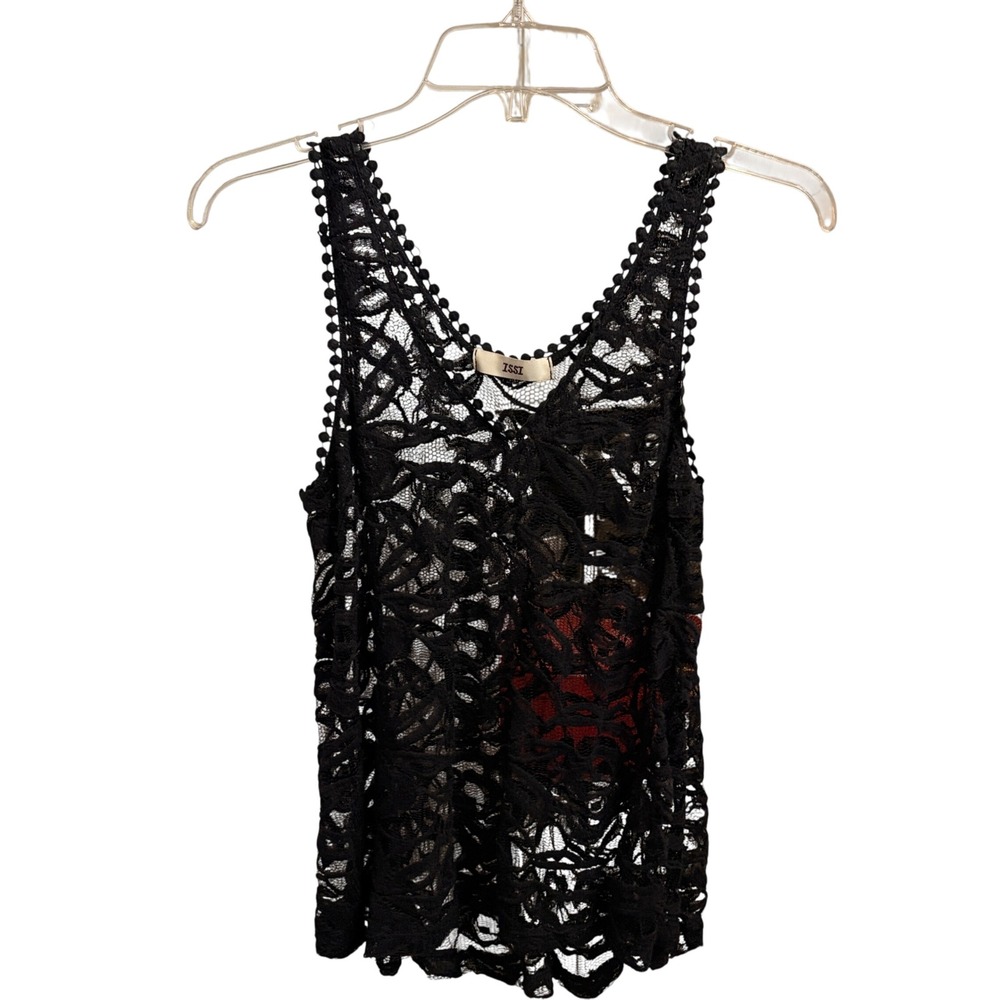 ISSI Lace Tank Top Womens Small Black Gothic Boho Sheer V-Neck Pom Pom Trim - Picture 2 of 13